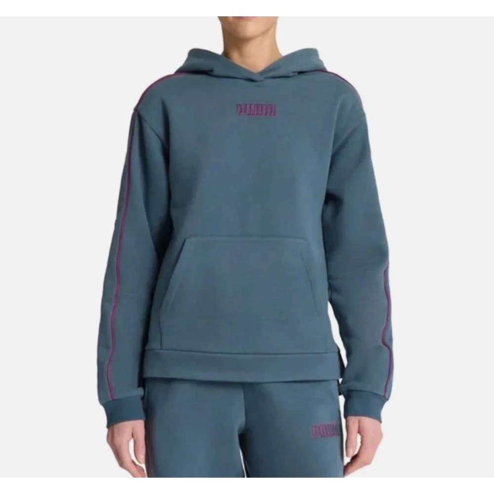 Puma Womens Fleece Kangaroo Pocket Hoodie Blue Pink Piping Size Medium New
